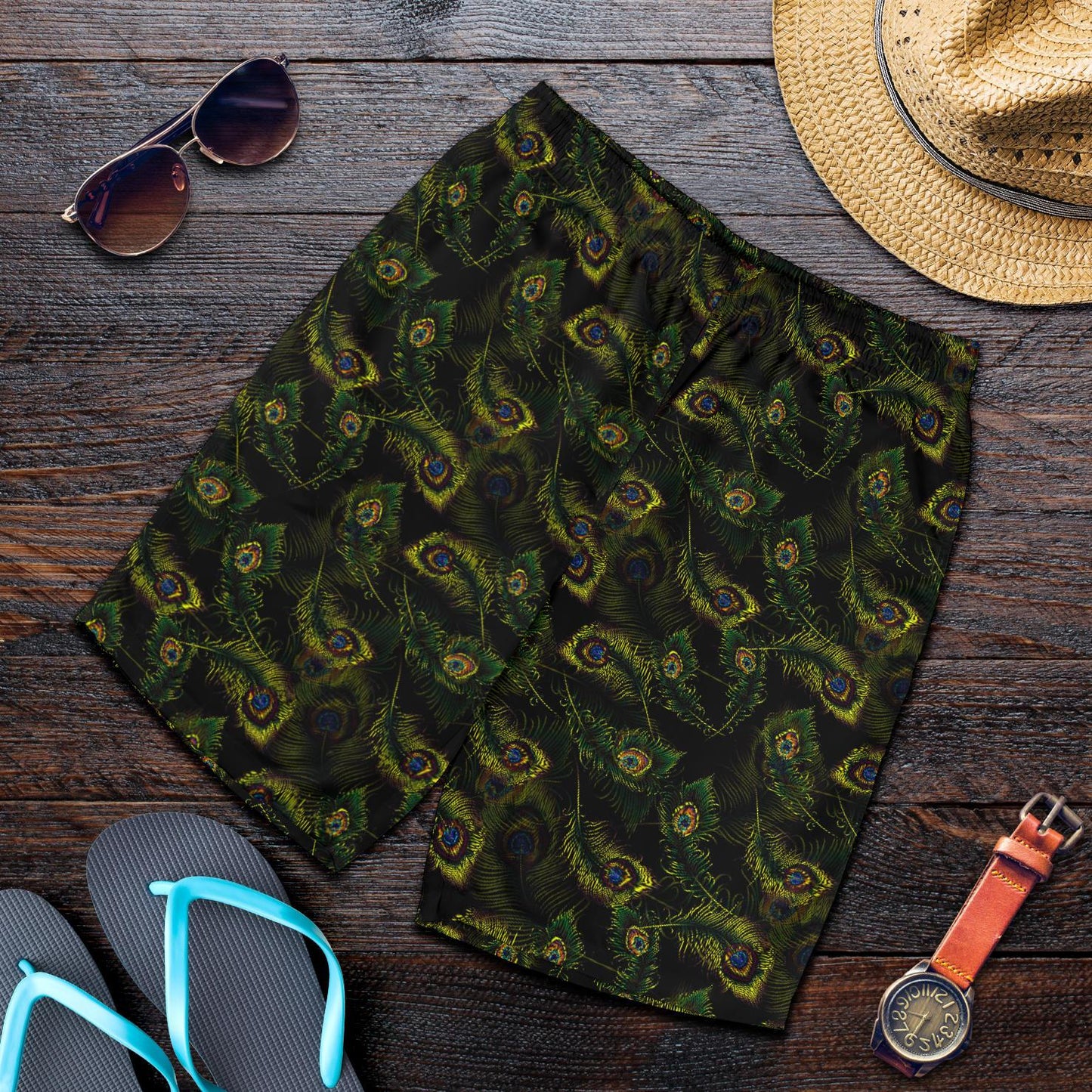 Peacock Feather Pattern Design Print Mens Shorts-JTAMIGO.COM