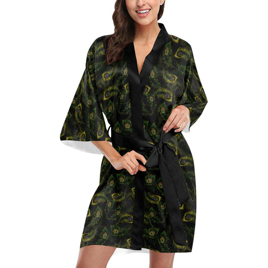 Peacock Feather Pattern Design Print Women Short Kimono Robe