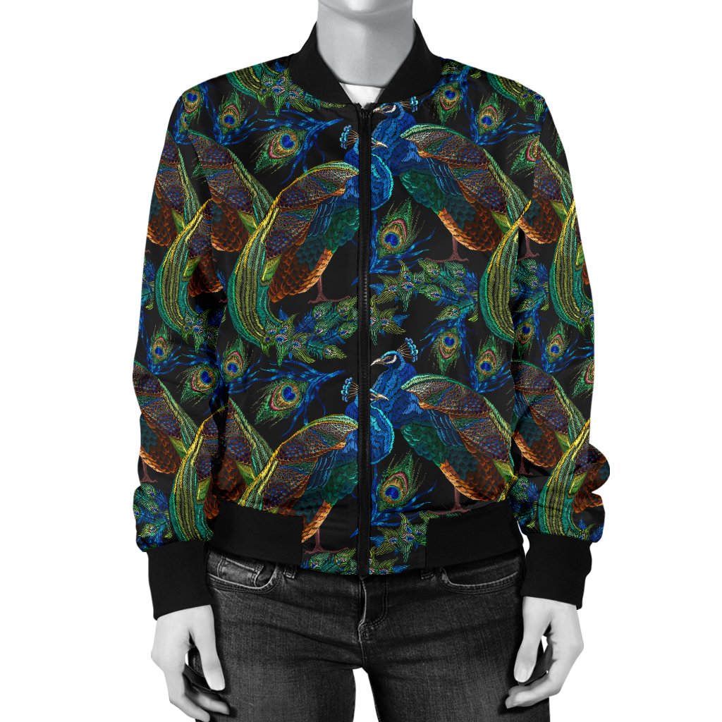 Peacock Themed Design Print Women Casual Bomber Jacket
