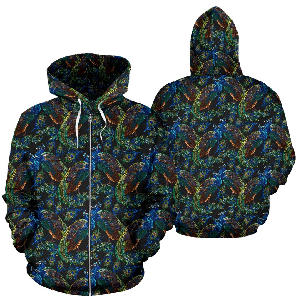 Peacock Themed Design Print Zip Up Hoodie