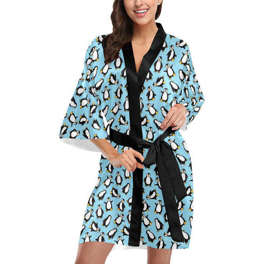 Penguin Happy Print Women Short Kimono Robe