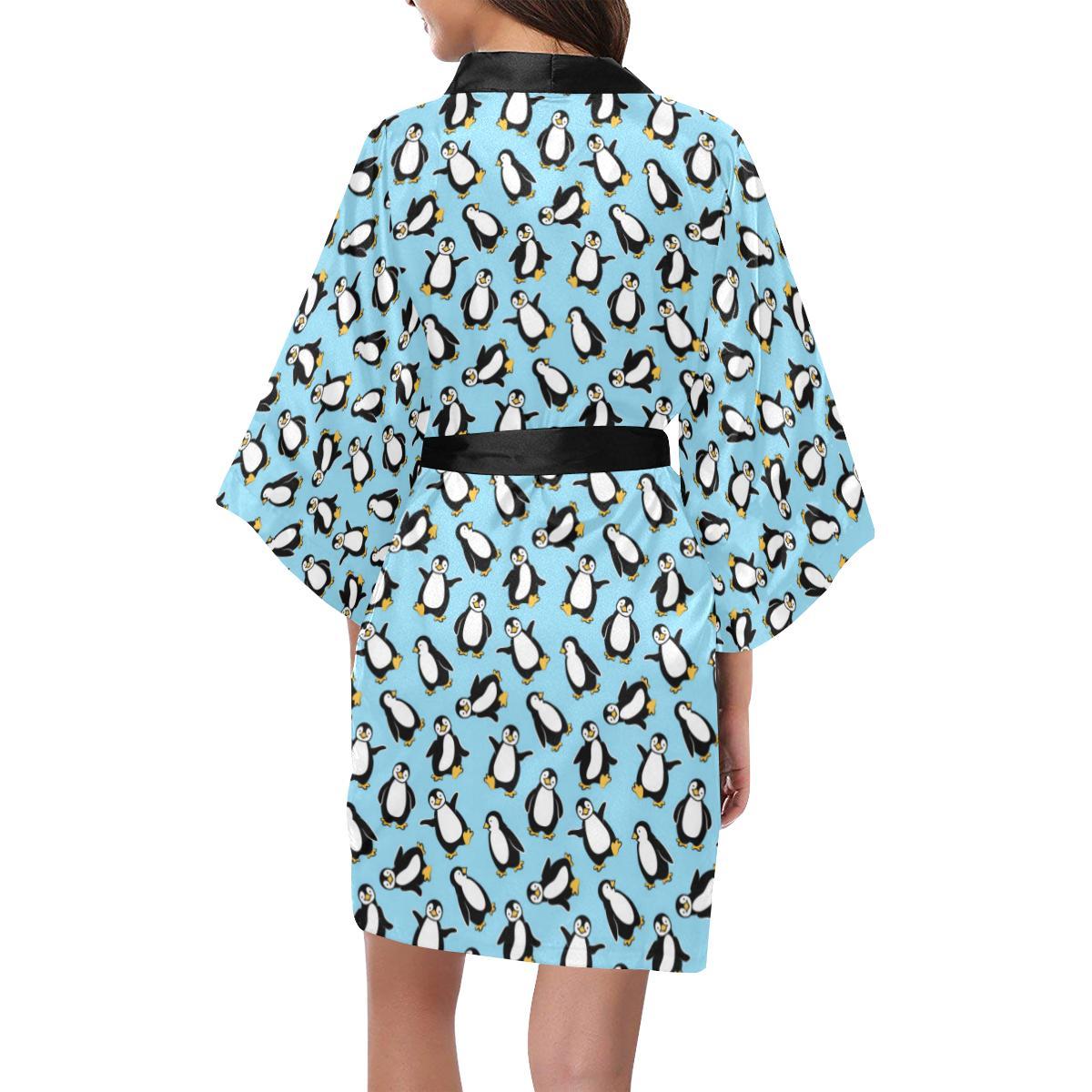 Penguin Happy Print Women Short Kimono Robe