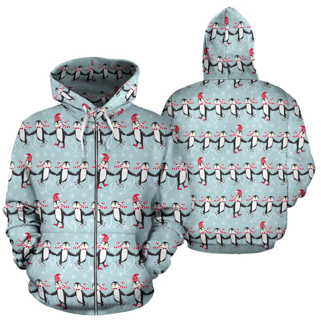 Penguin Skiing Design Zip Up Hoodie