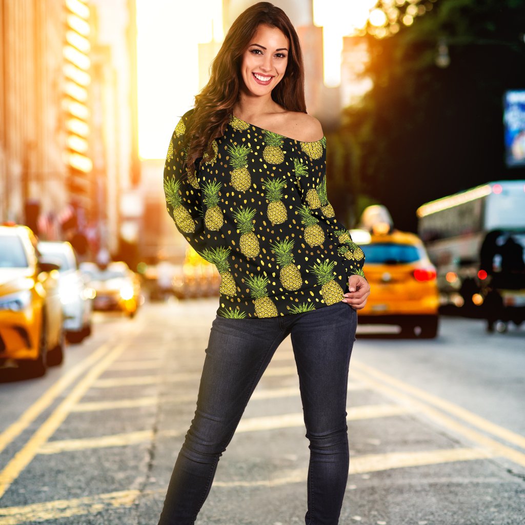 Pineapple Gold Dot Themed Print Off Shoulder Sweatshirt