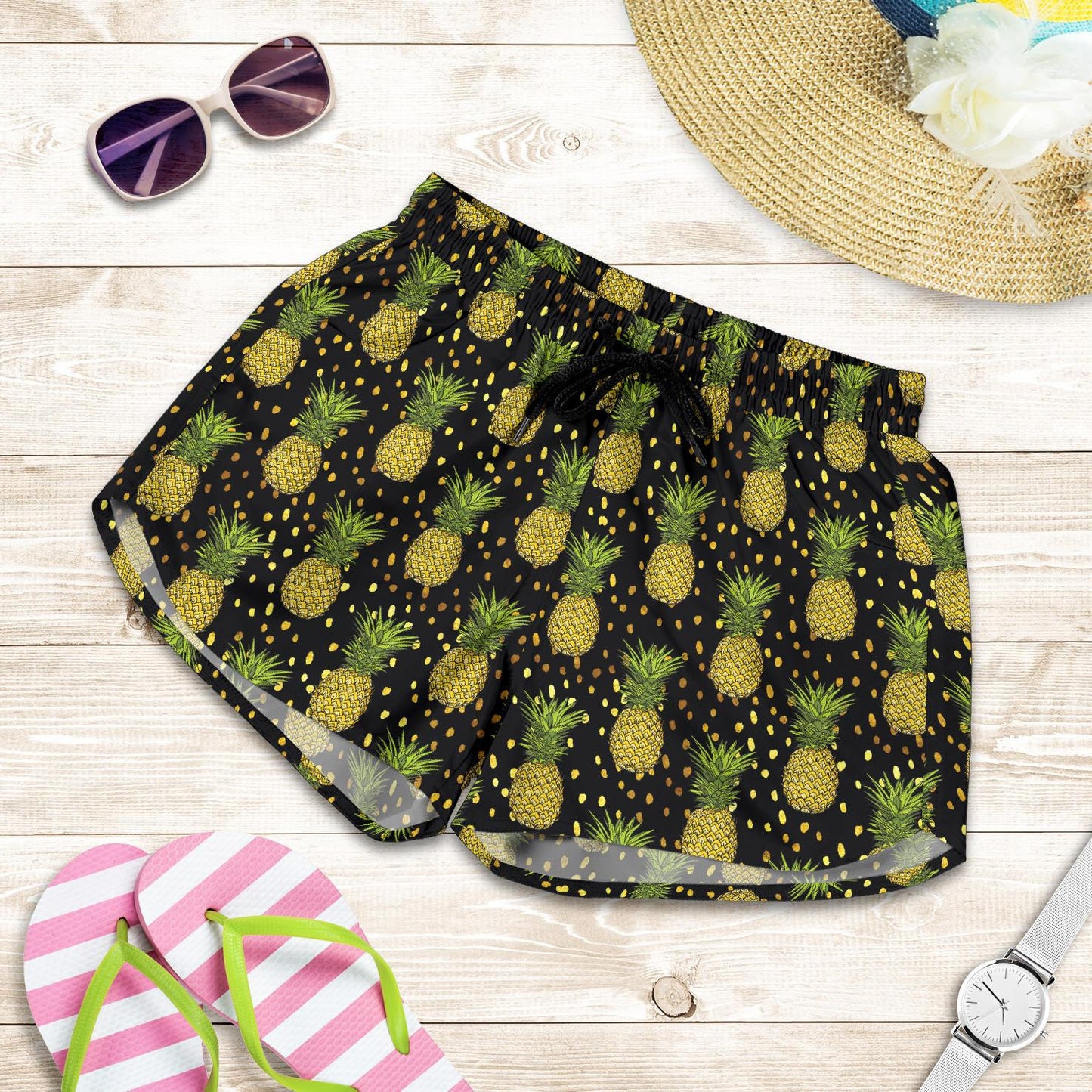 Pineapple Gold Dot Themed Print Women Shorts-JTAMIGO.COM