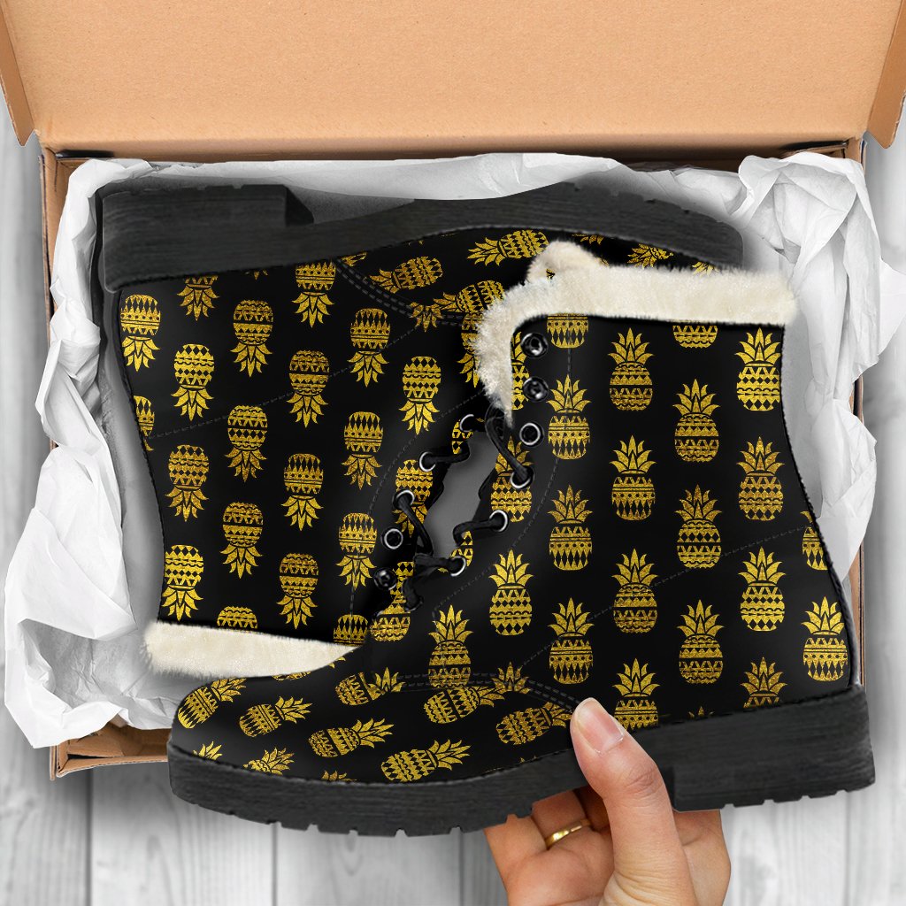 Pineapple Gold Tribal Style Print Faux Fur Leather Boots-JTAMIGO.COM