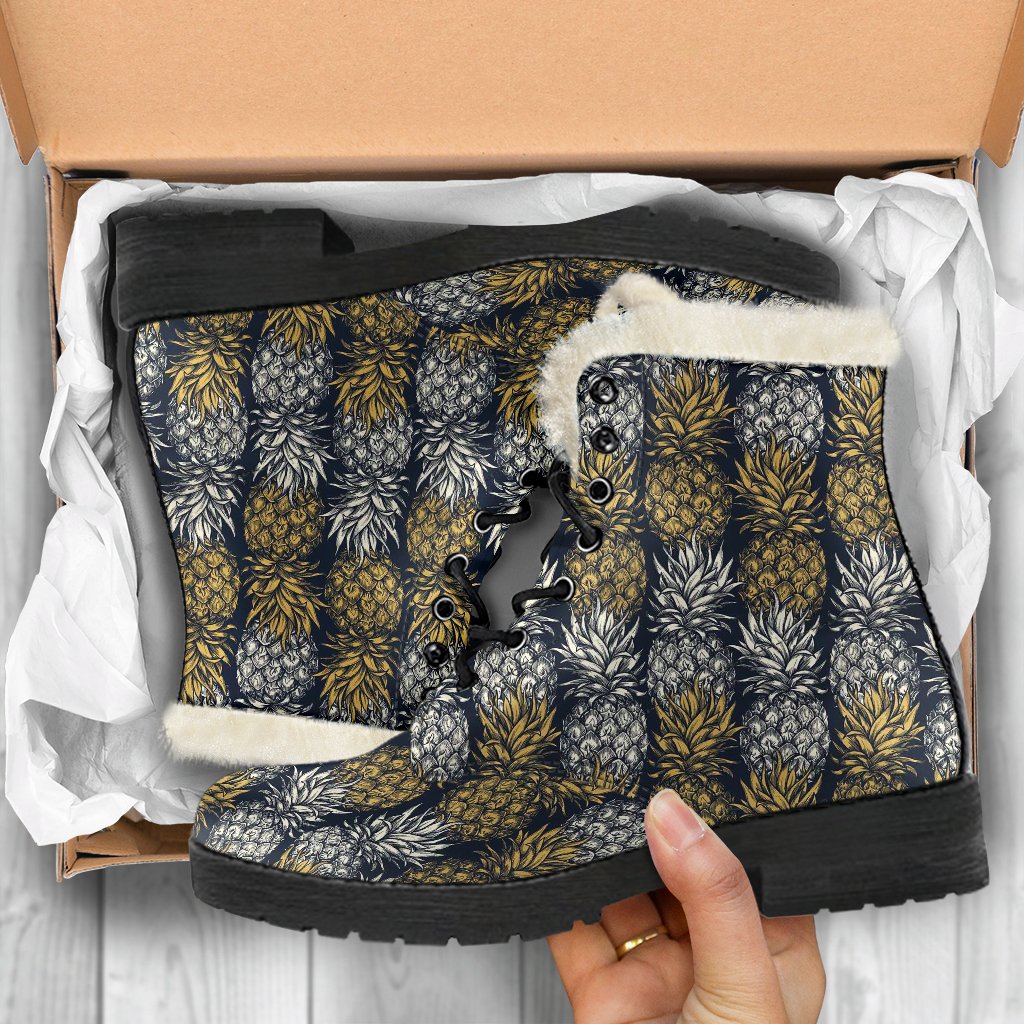 Pineapple Print Design Pattern Faux Fur Leather Boots-JTAMIGO.COM