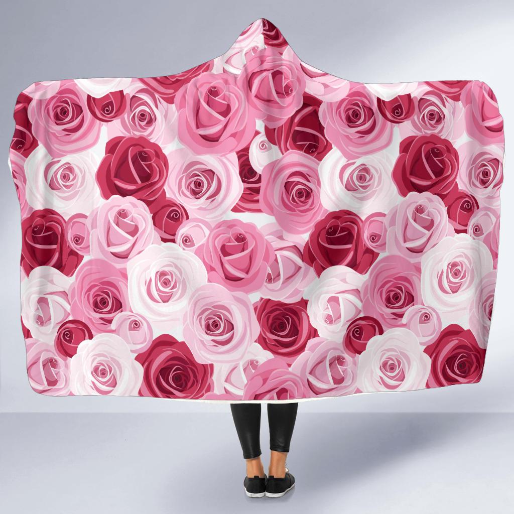 Pink Red Rose Pattern Print Hooded Blanket-JTAMIGO.COM