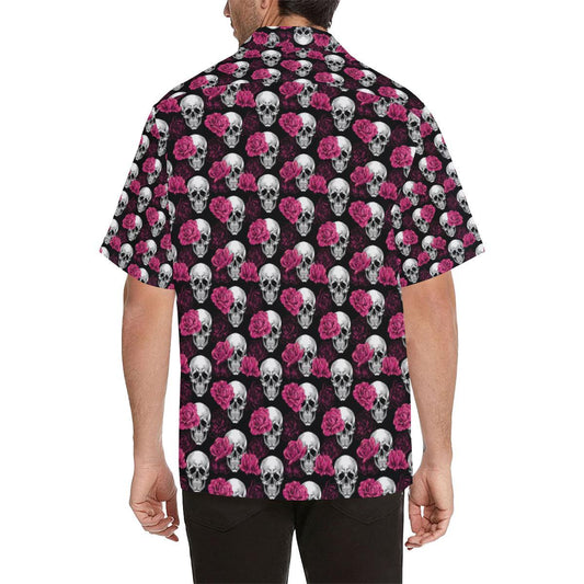 Pink Rose Skull Themed Print Men Aloha Hawaiian Shirt