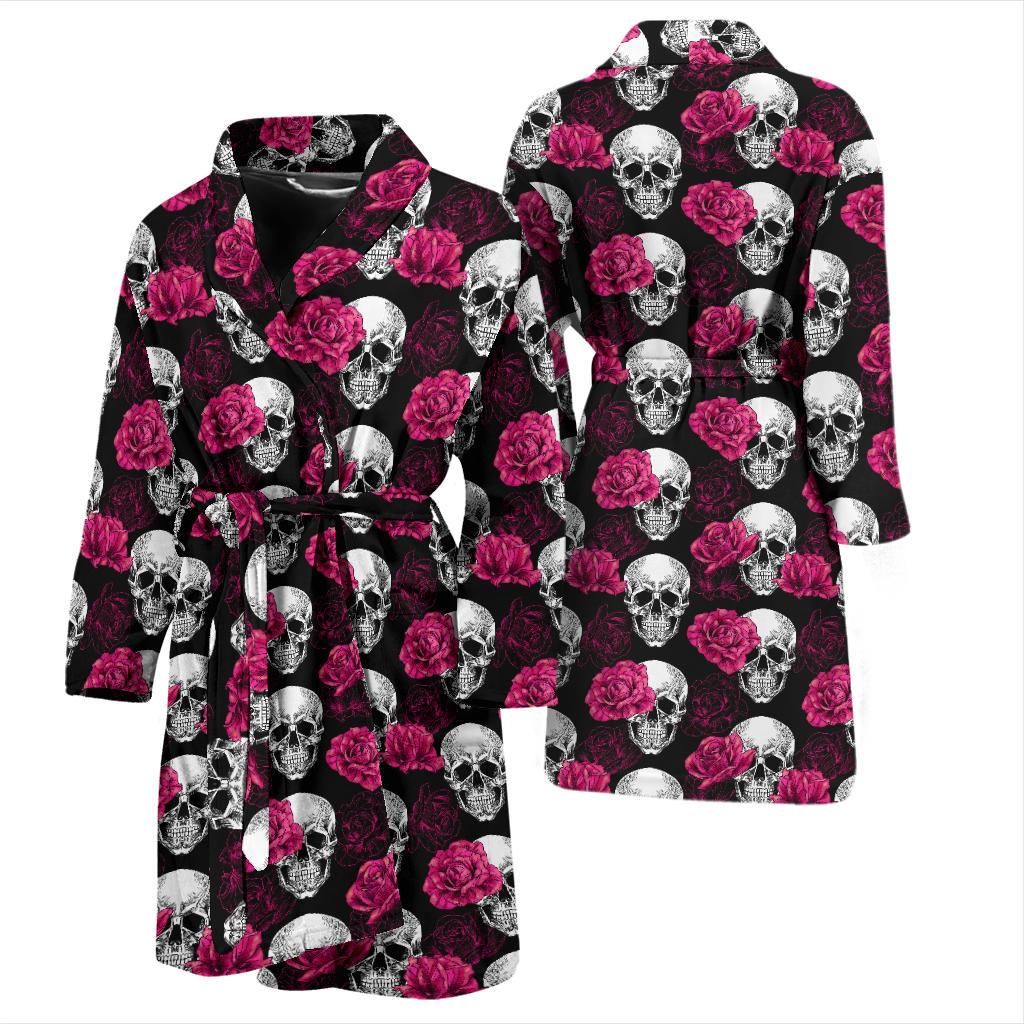 Pink Rose Skull Themed Print Men Bath Robe-JTAMIGO.COM