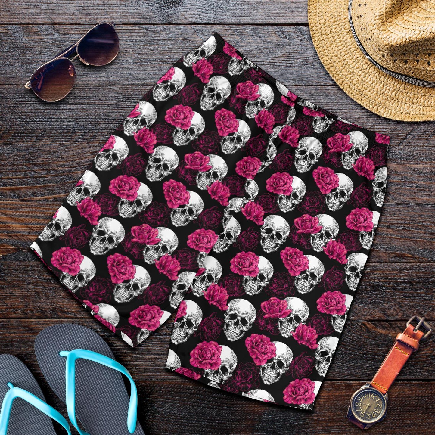 Pink Rose Skull Themed Print Mens Shorts-JTAMIGO.COM
