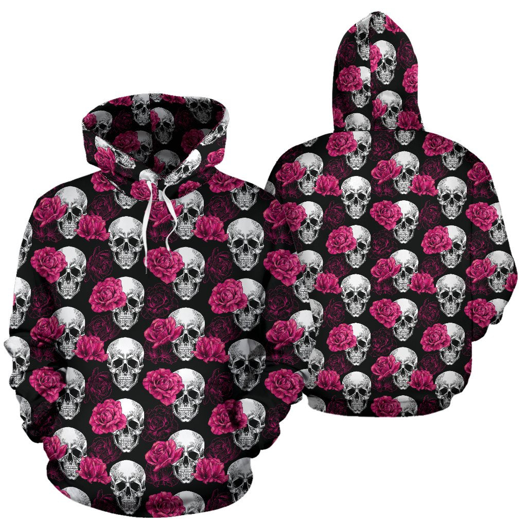 Pink Rose Skull Themed Print Pullover Hoodie