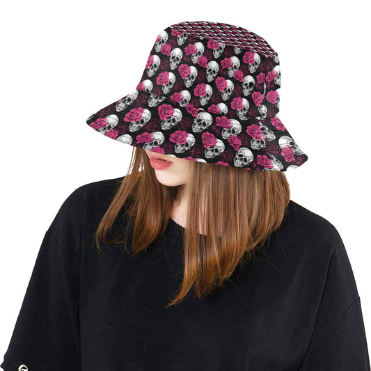 Pink Rose Skull Themed Print Unisex Bucket Hat