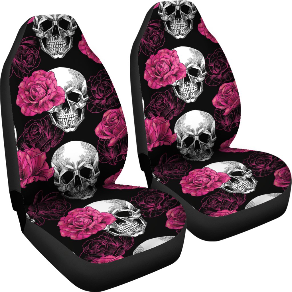 Pink Rose Skull Themed Print Universal Fit Car Seat Covers