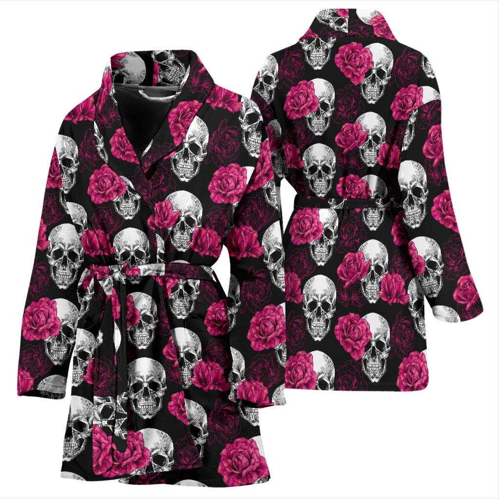 Pink Rose Skull Themed Print Women Bath Robe-JTAMIGO.COM