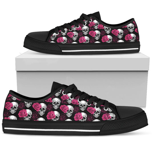 Pink Rose Skull Themed Print Women Low Top Shoes-JTAMIGO.COM