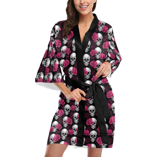 Pink Rose Skull Themed Print Women Short Kimono Robe