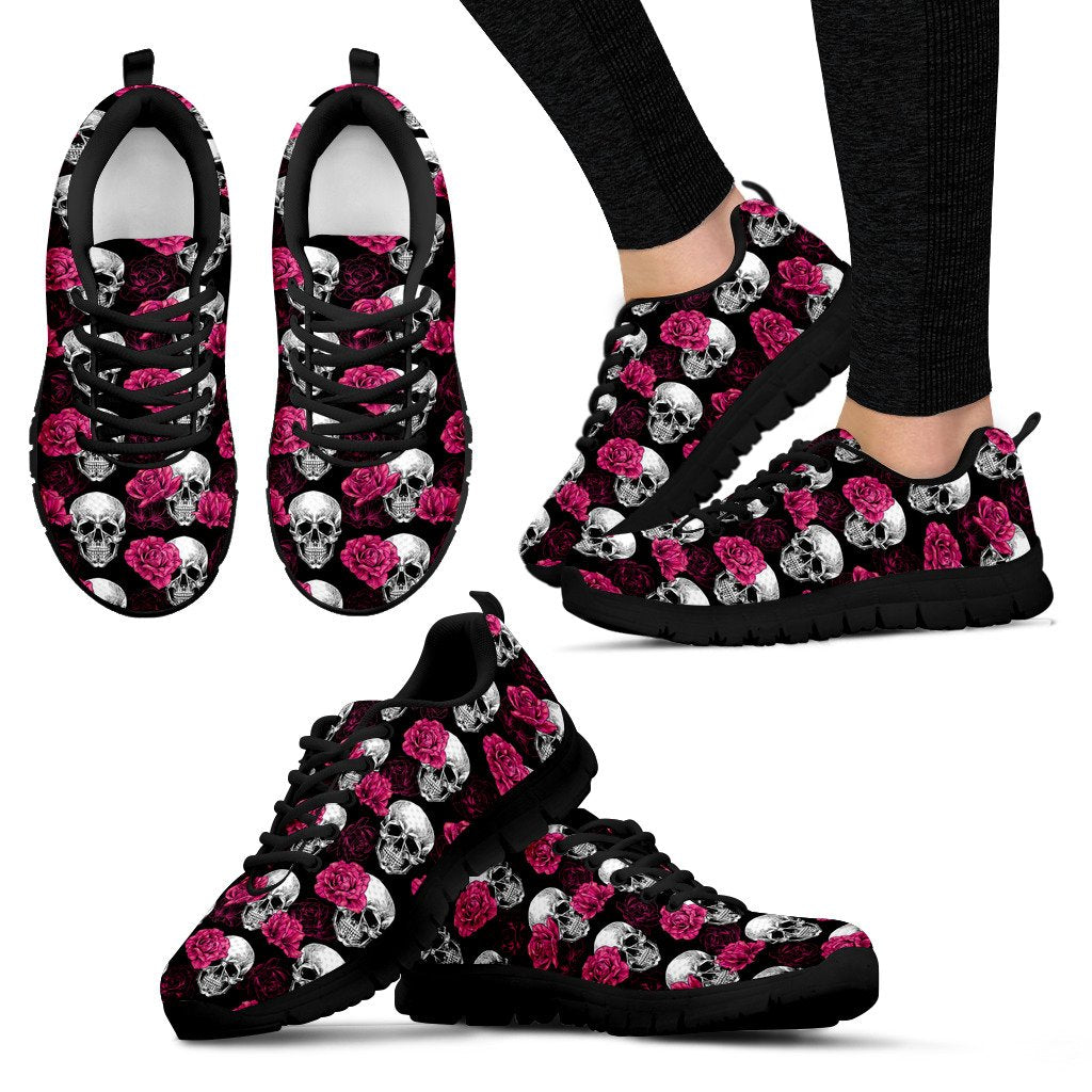 Pink Rose Skull Themed Print Women Sneakers Shoes