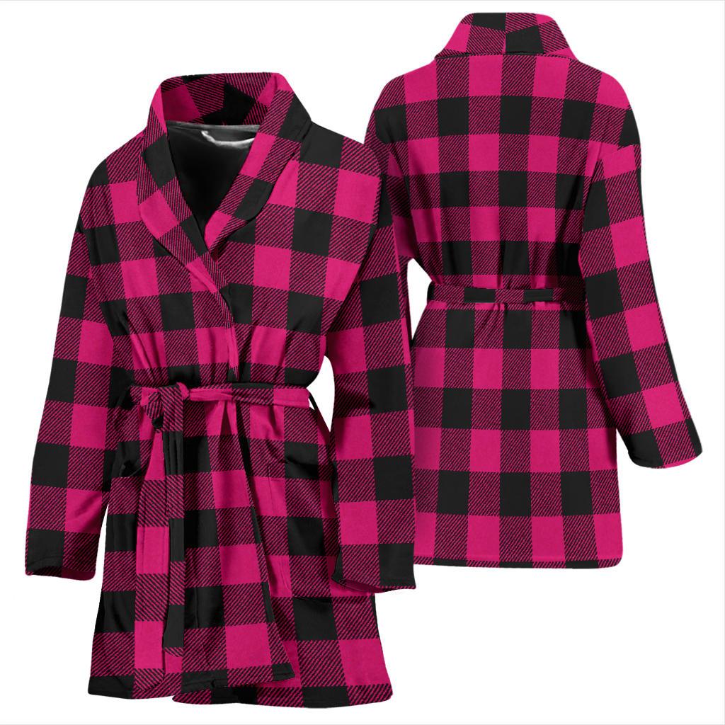 Pink Tartan Plaid Pattern Women Bath Robe-JTAMIGO.COM
