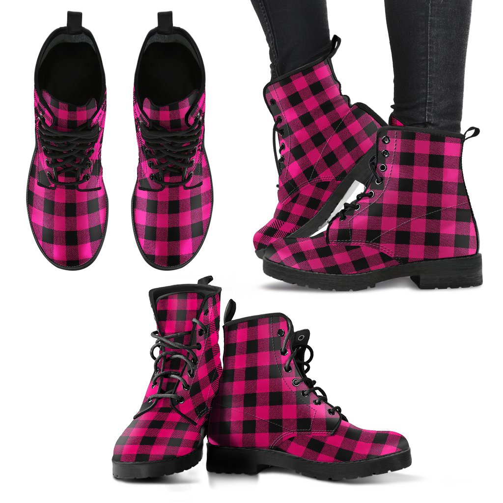 Pink Tartan Plaid Pattern Women Leather Boots-JTAMIGO.COM