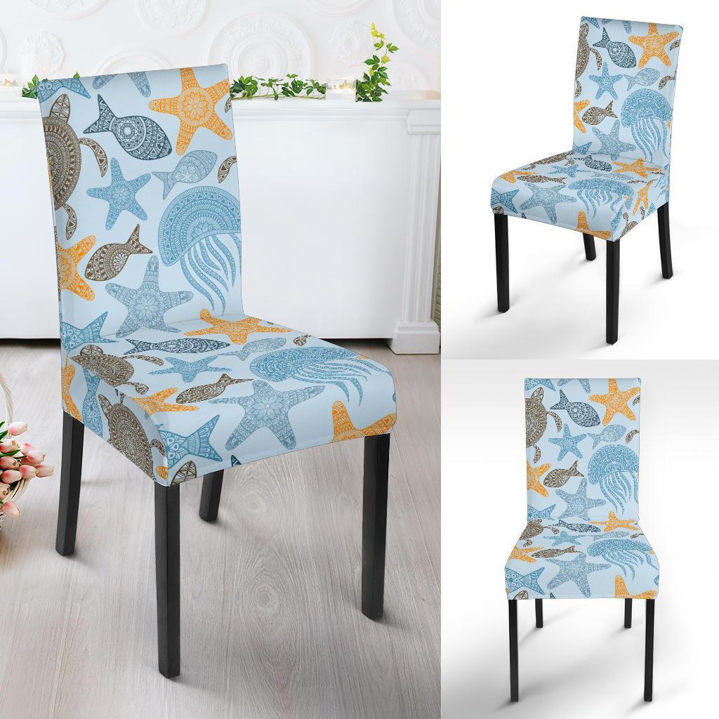 Polynesian Jellyfish Turtle Print Dining Chair Slipcover-JTAMIGO.COM