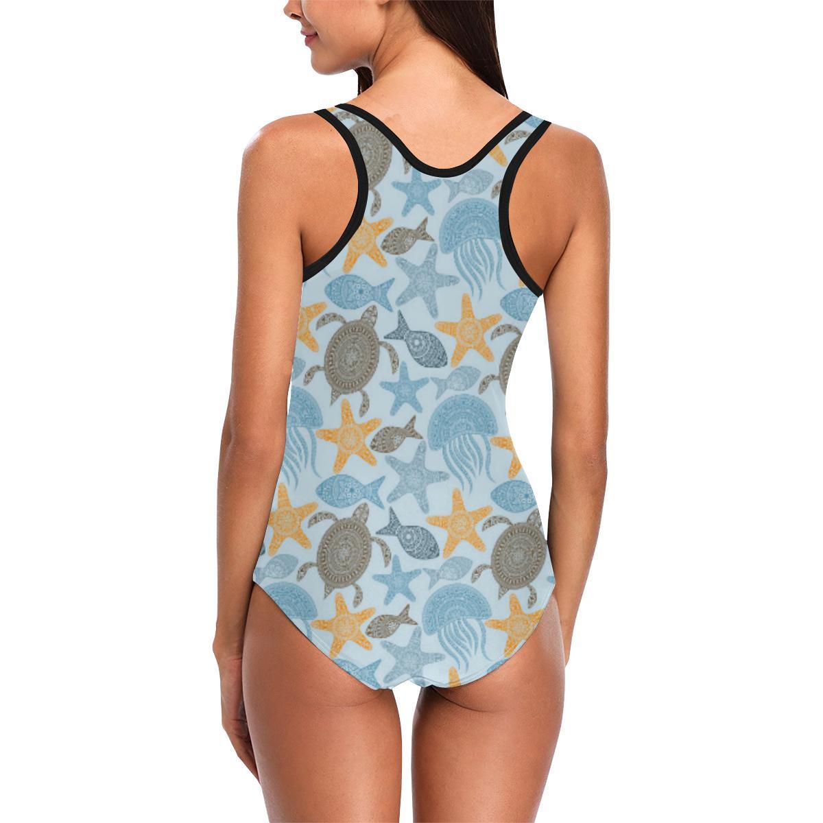 Polynesian Jellyfish Turtle Print One Piece Swimsuit-JTAMIGO.COM