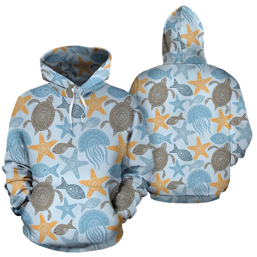 Polynesian Jellyfish Turtle Print Pullover Hoodie