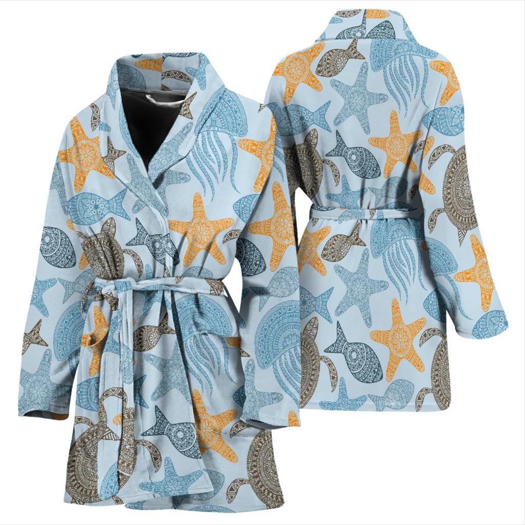 Polynesian Jellyfish Turtle Print Women Bath Robe-JTAMIGO.COM