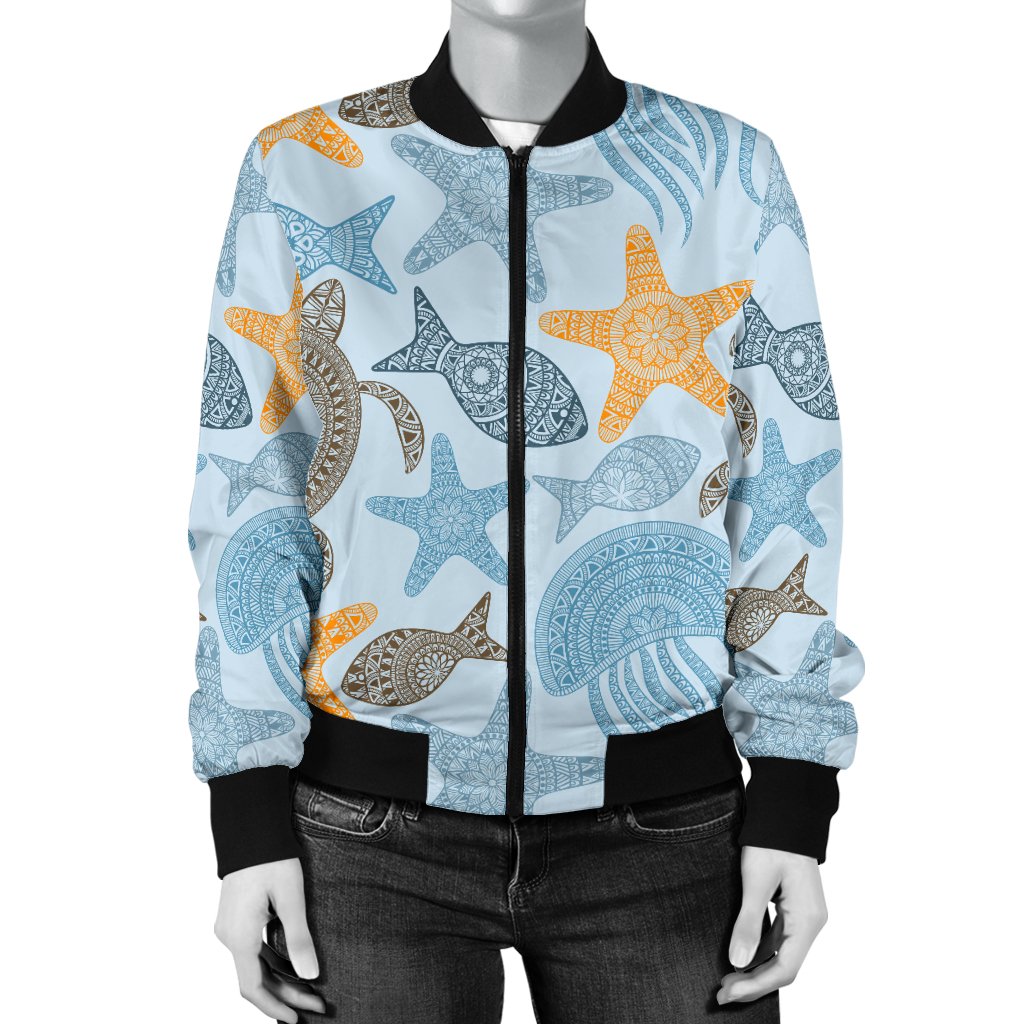 Polynesian Jellyfish Turtle Print Women Casual Bomber Jacket