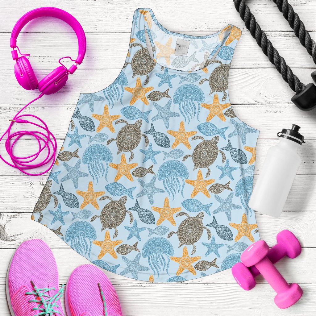 Polynesian Jellyfish Turtle Print Women Racerback Tank Top