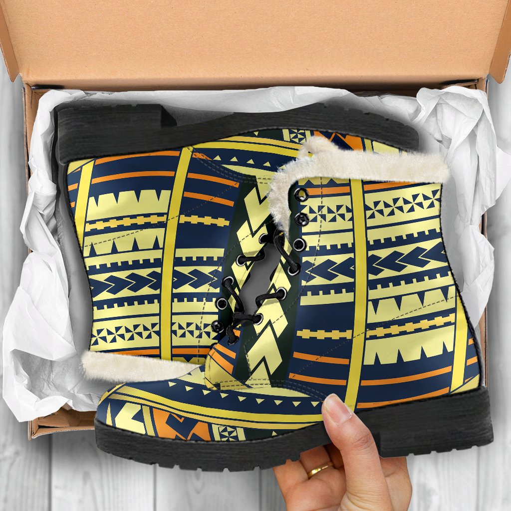 Polynesian Tattoo Print Faux Fur Leather Boots-JTAMIGO.COM