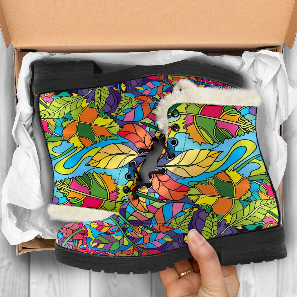 Psychedelic Trippy Flower Print Faux Fur Leather Boots-JTAMIGO.COM
