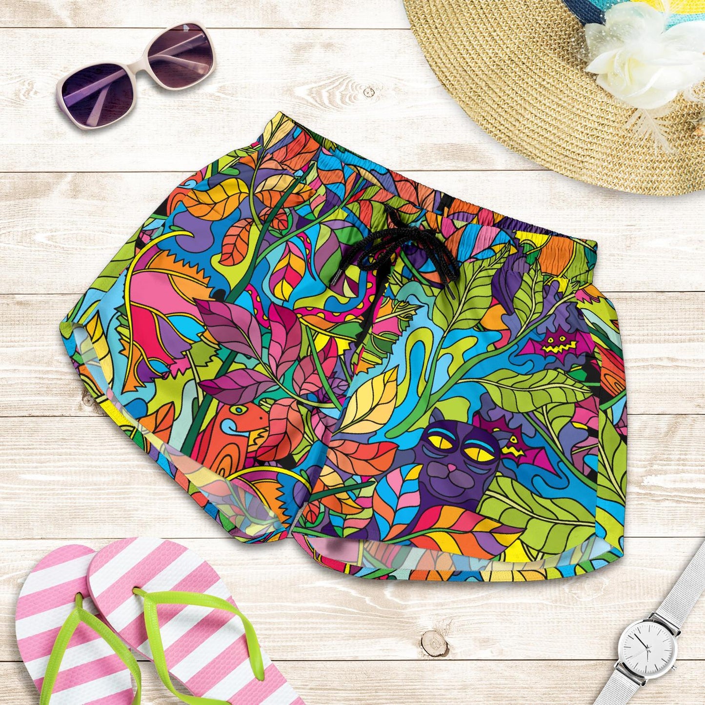 Psychedelic Trippy Flower Print Women Shorts-JTAMIGO.COM
