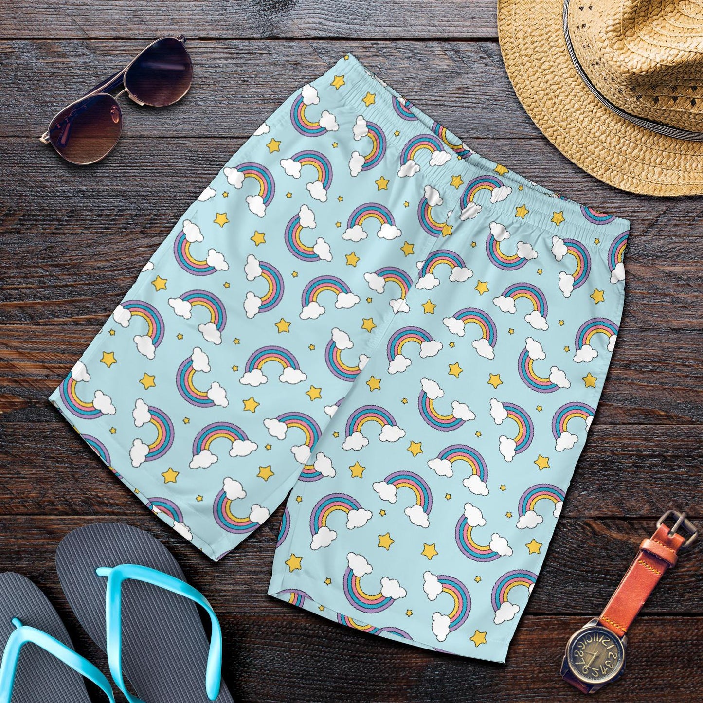 Rainbow Cloud Print Pattern Mens Shorts-JTAMIGO.COM