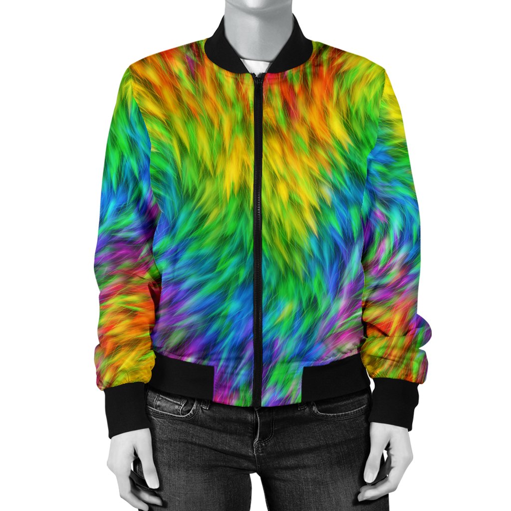 Rainbow Fur Design Print Women Casual Bomber Jacket