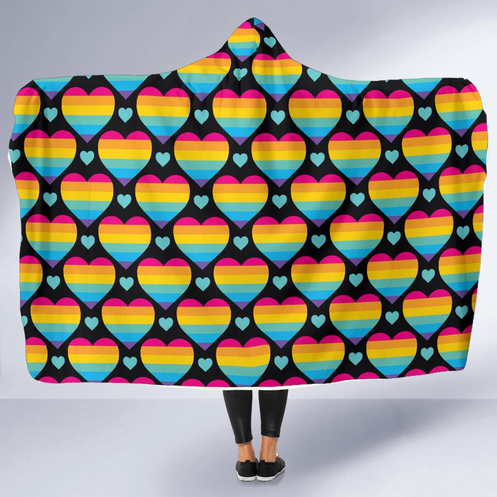 Rainbow Heart Print Pattern Hooded Blanket-JTAMIGO.COM