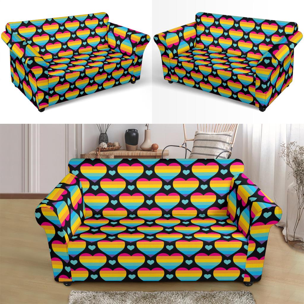 Rainbow Heart Print Pattern Loveseat Slipcover-JTAMIGO.COM