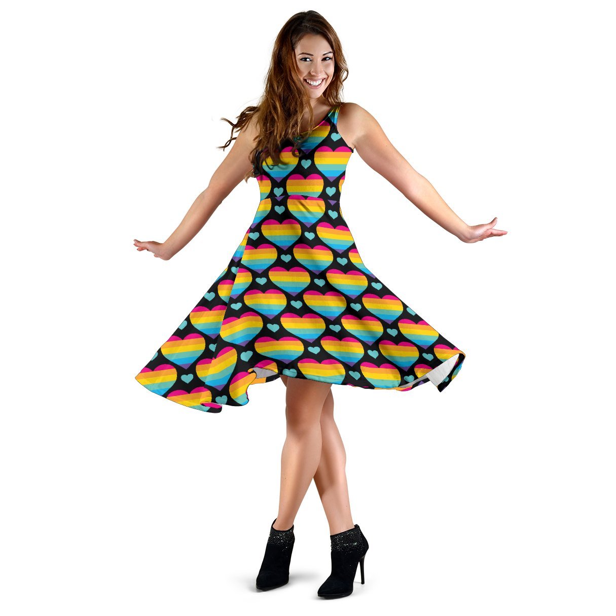 Rainbow Heart Print Pattern Sleeveless Dress