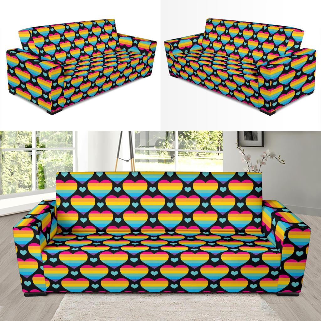 Rainbow Heart Print Pattern Sofa Slipcover-JTAMIGO.COM