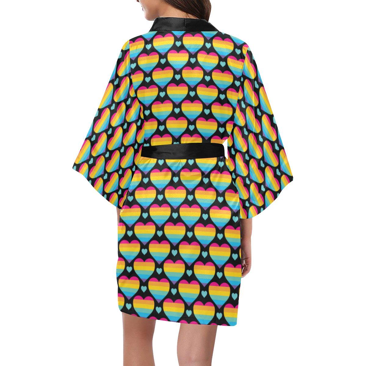 Rainbow Heart Print Pattern Women Short Kimono Robe