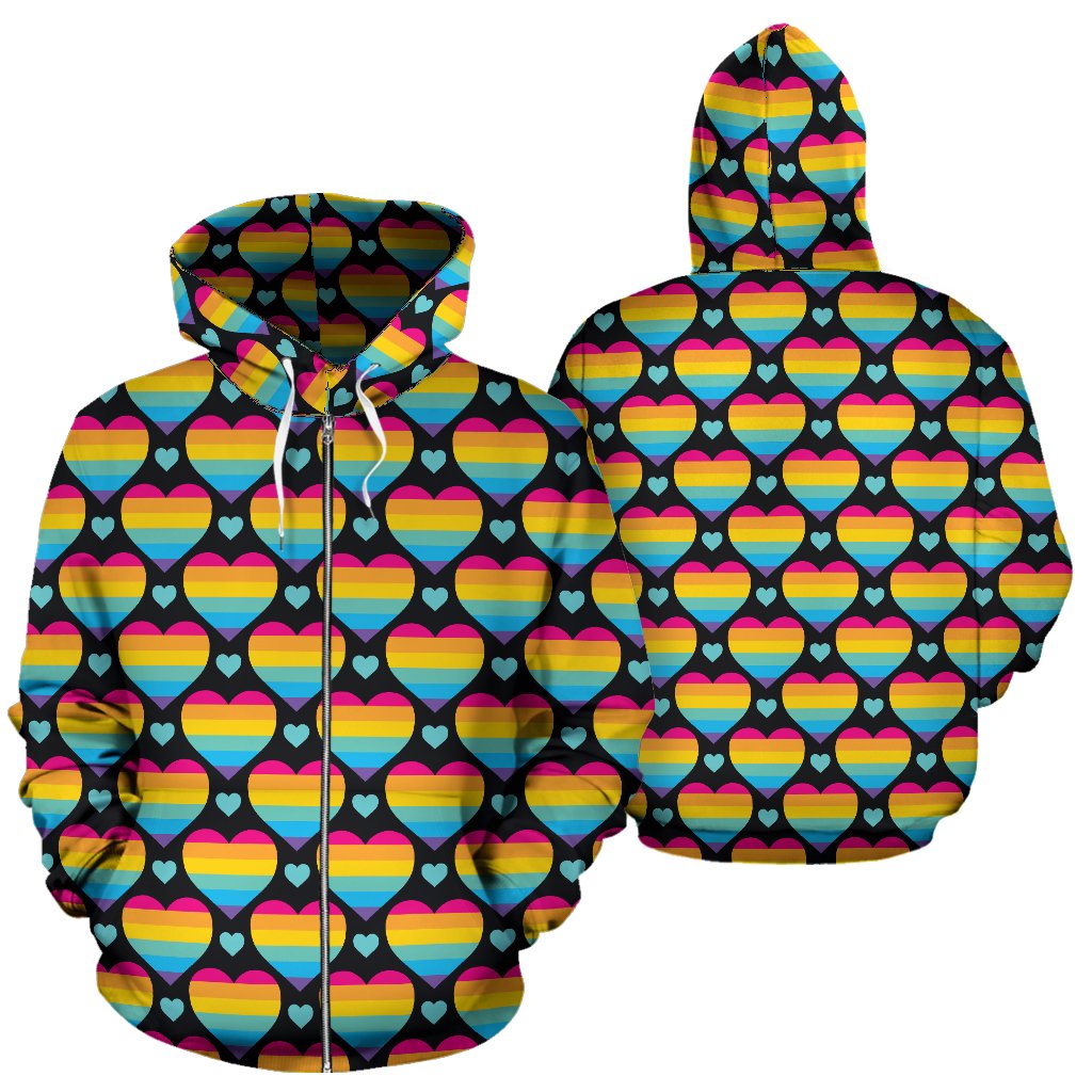 Rainbow Heart Print Pattern Zip Up Hoodie