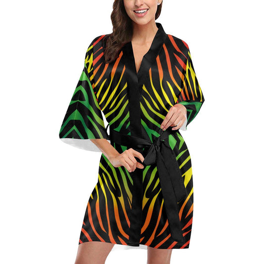 Rainbow Zebra Themed Print Women Short Kimono Robe