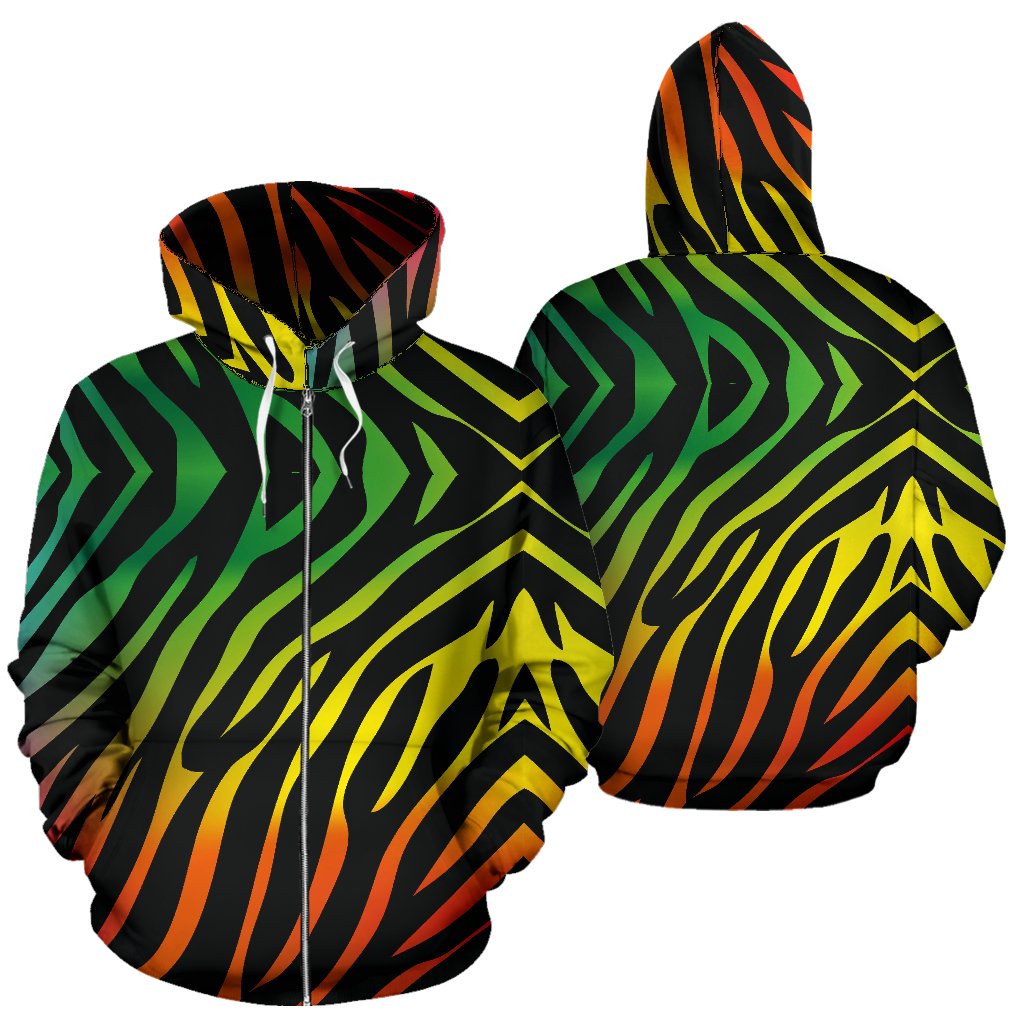 Rainbow Zebra Themed Print Zip Up Hoodie