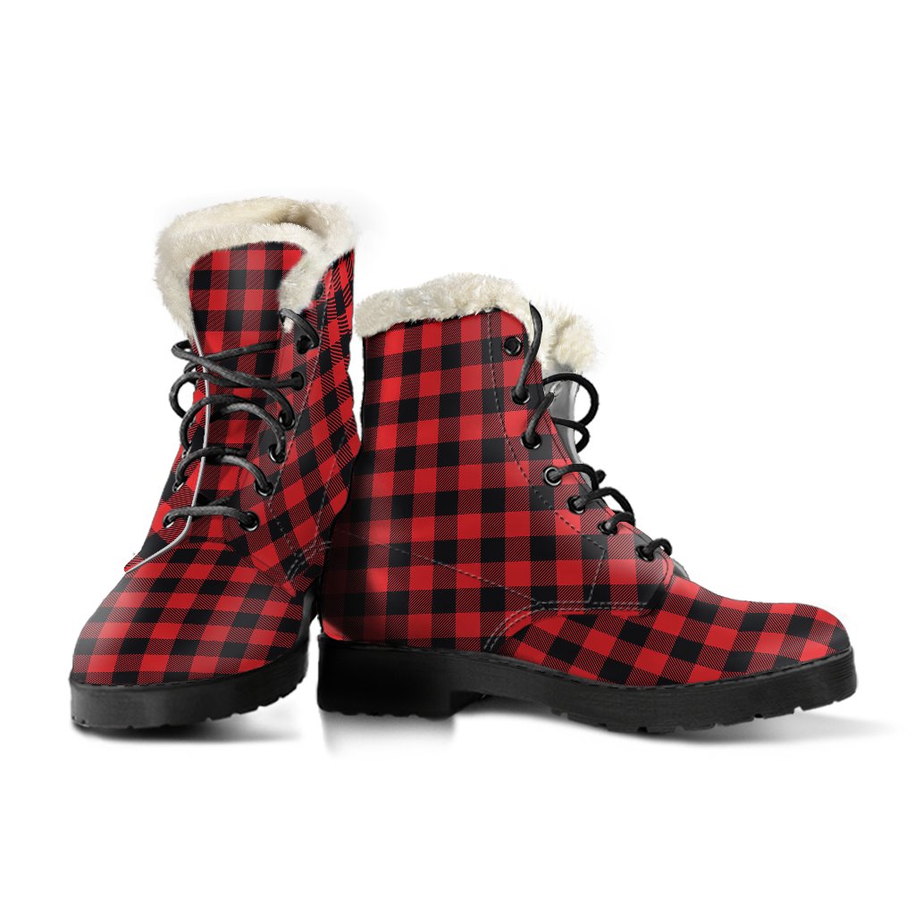Red Black Buffalo Tartan Plaid Pattern Faux Fur Leather Boots-JTAMIGO.COM