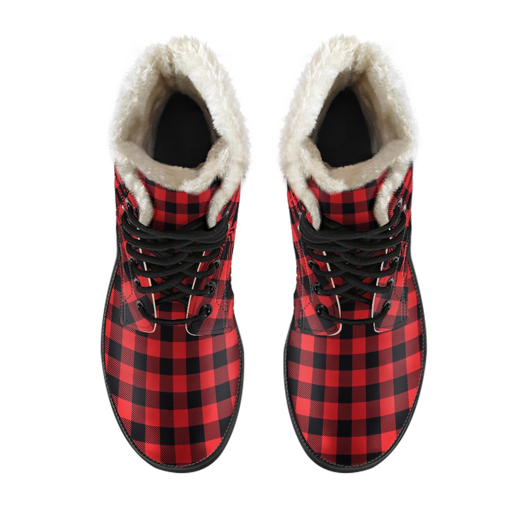 Red Black Buffalo Tartan Plaid Pattern Faux Fur Leather Boots-JTAMIGO.COM