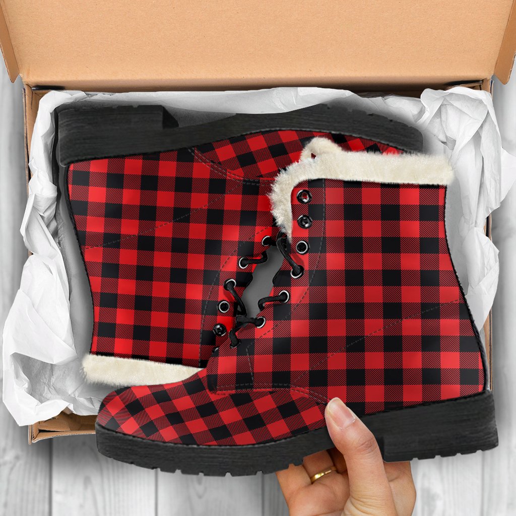 Red Black Buffalo Tartan Plaid Pattern Faux Fur Leather Boots-JTAMIGO.COM