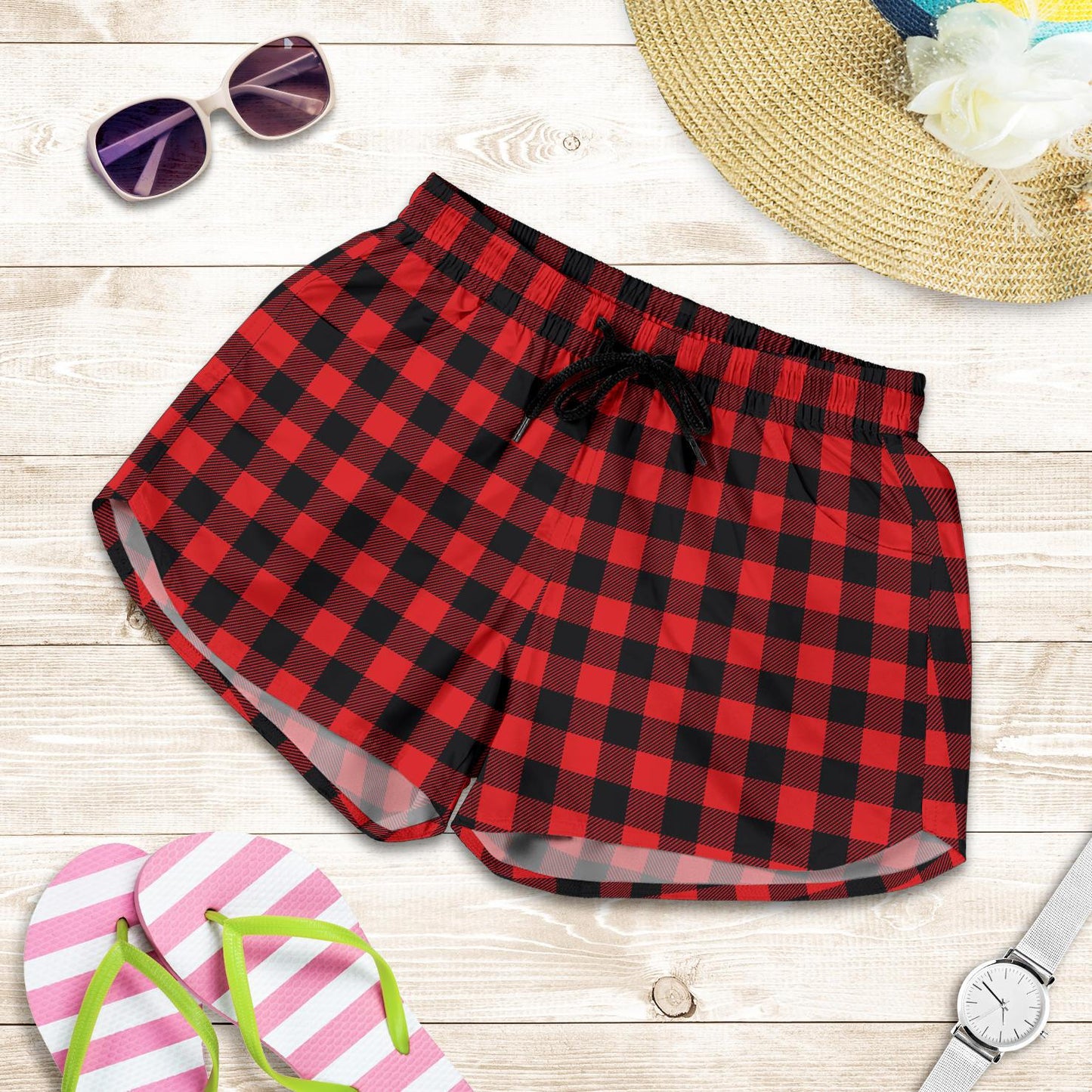 Red Black Buffalo Tartan Plaid Pattern Women Shorts-JTAMIGO.COM