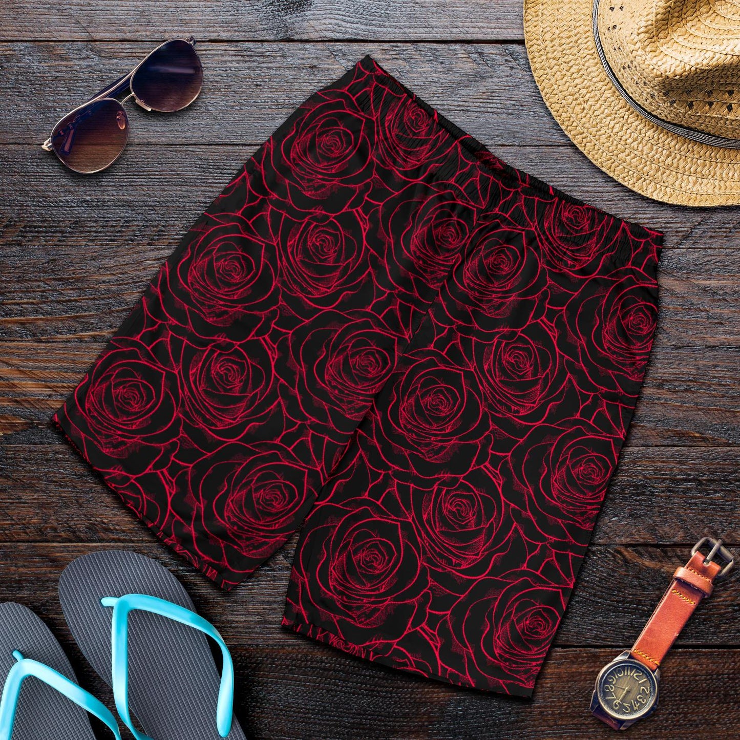 Red Rose Design Print Mens Shorts-JTAMIGO.COM