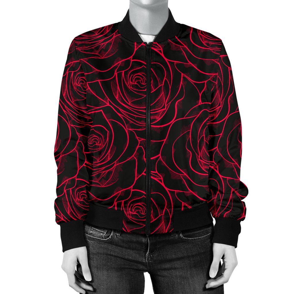 Red Rose Design Print Women Casual Bomber Jacket