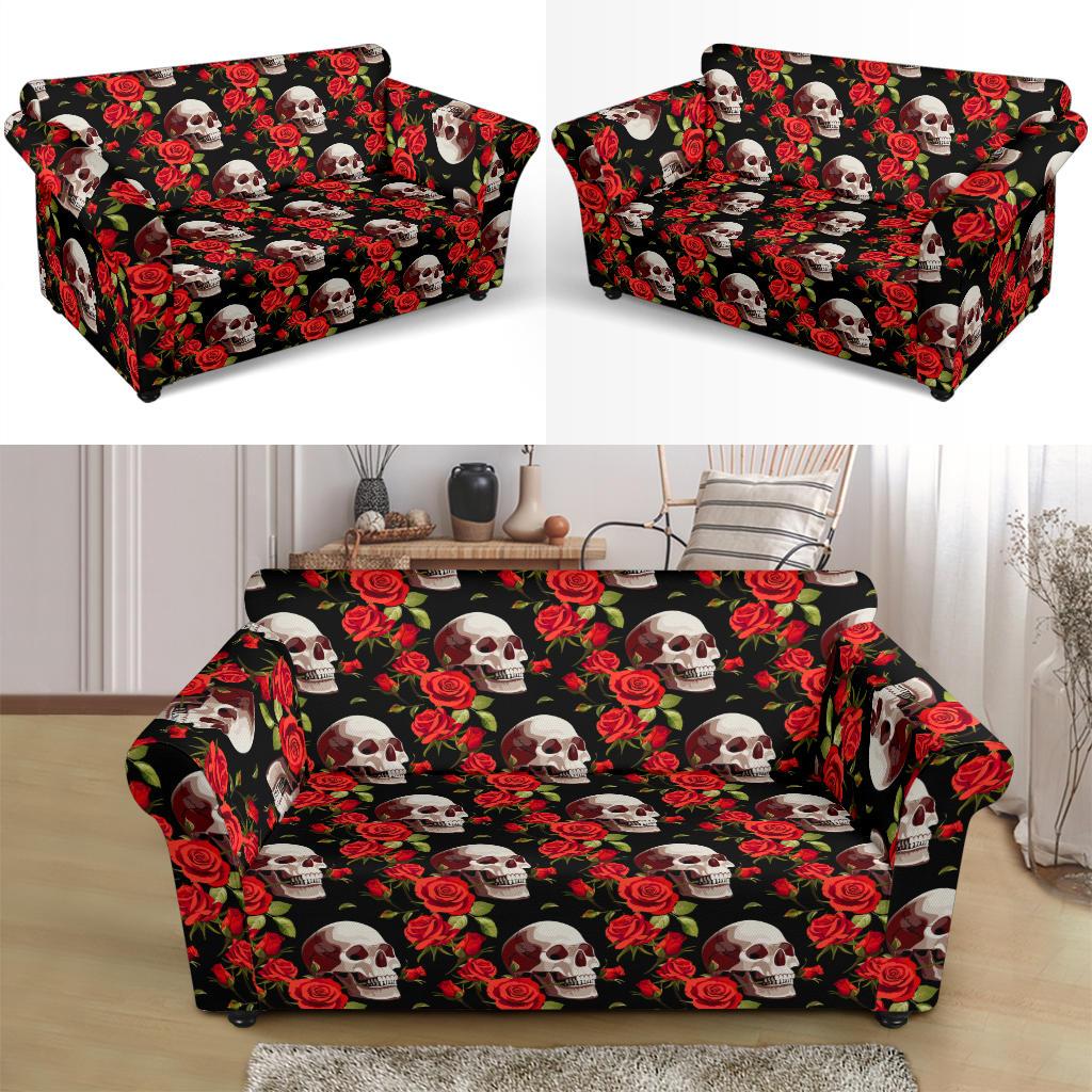 Red Rose Skull Design Print Loveseat Slipcover-JTAMIGO.COM